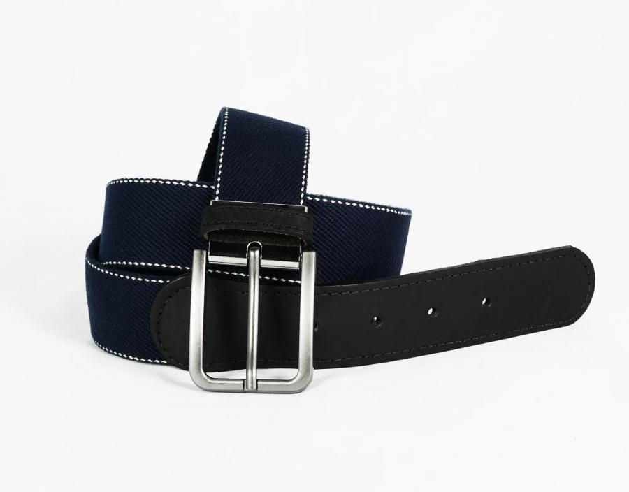 Ceinture tissu élastique - Coton recyclé - Embout cuir - Bleu marine