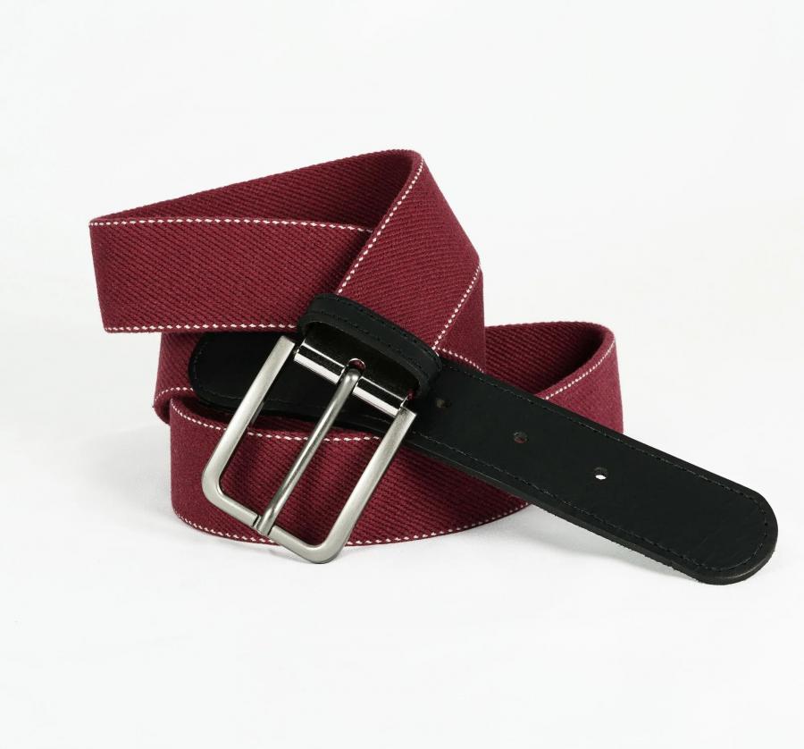 Ceinture tissu élastique - Coton recyclé - Embout cuir - Rouge grenat
