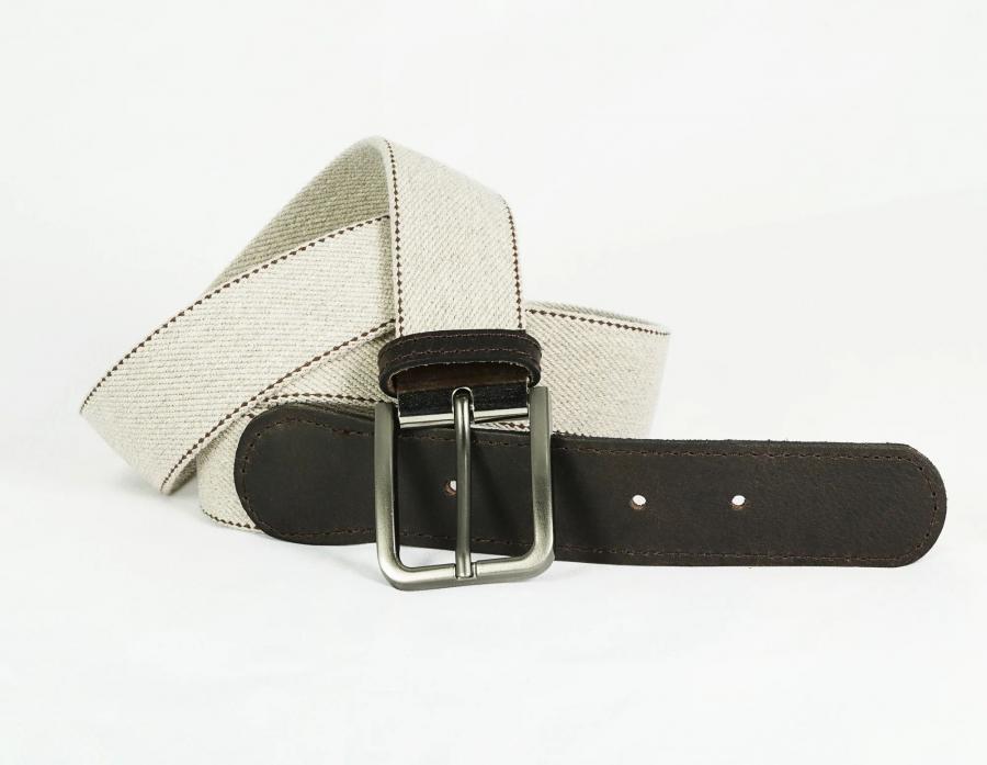 Ceinture tissu élastique - Coton recyclé - Embout cuir - Beige
