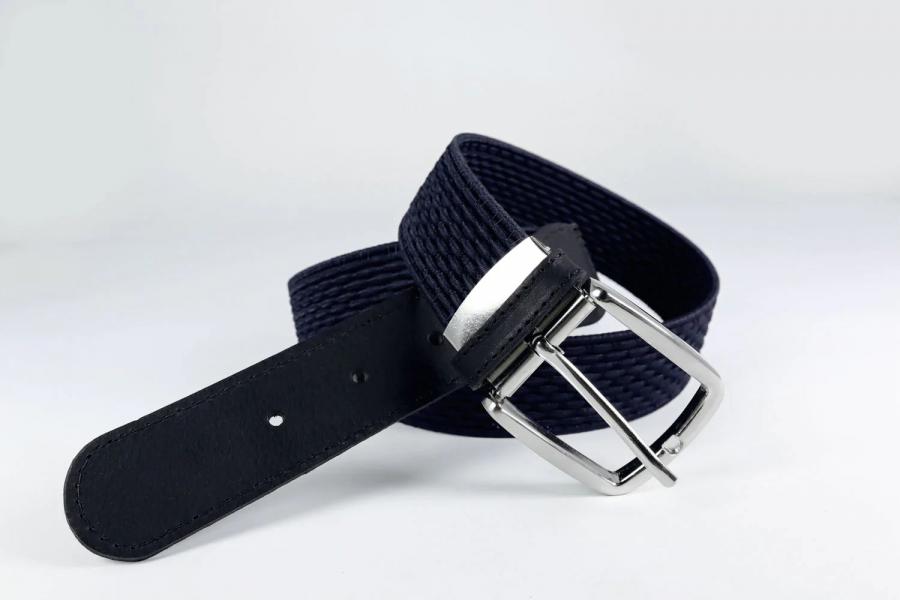 Ceinture tressée élastique - Embout cuir - Marine