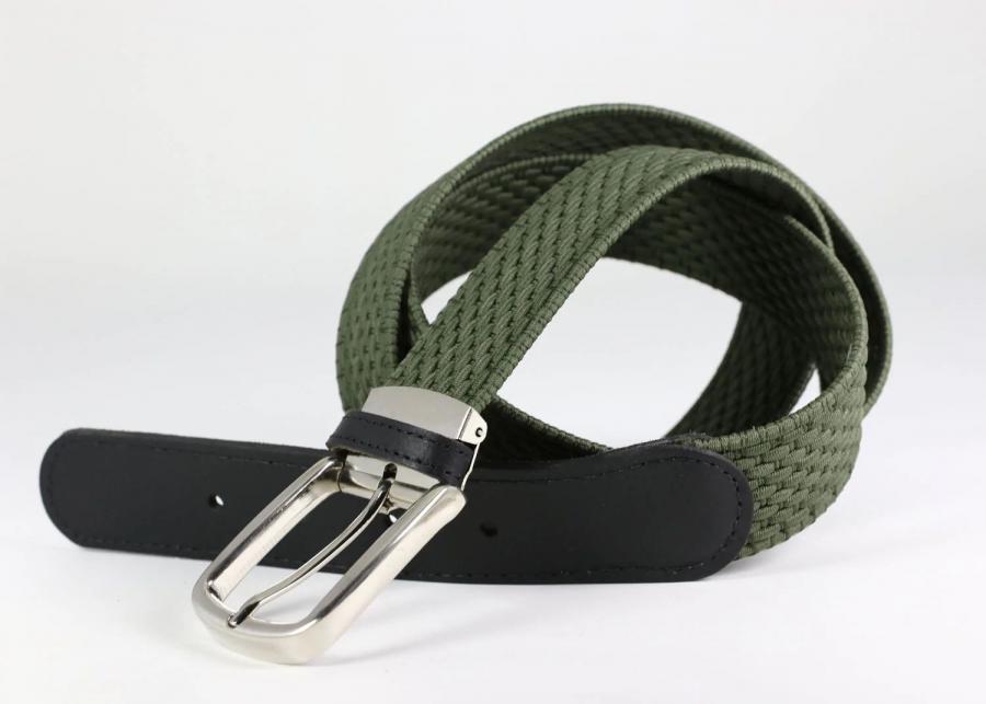 Ceinture tressée élastique - Embout cuir - Kaki