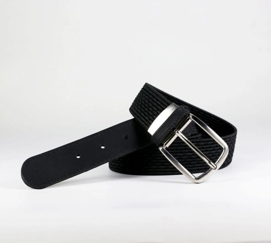 Ceinture tressée élastique - Embout cuir - Noir