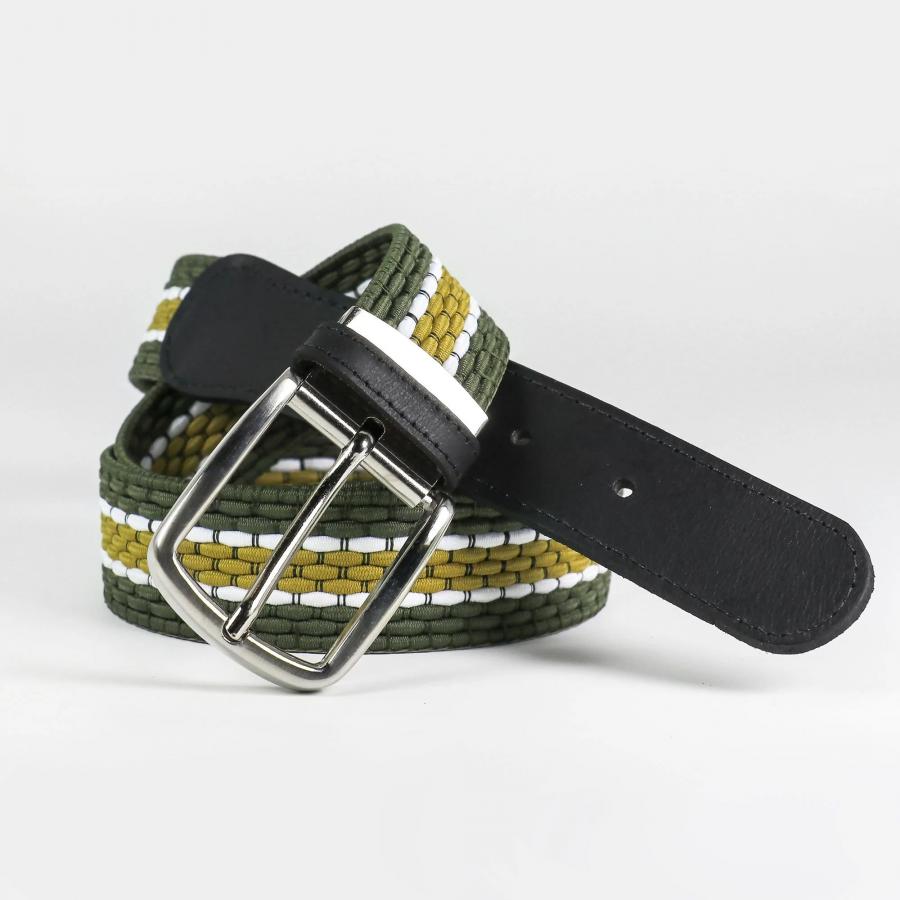 Ceinture tressée élastique - Embout cuir - Kaki